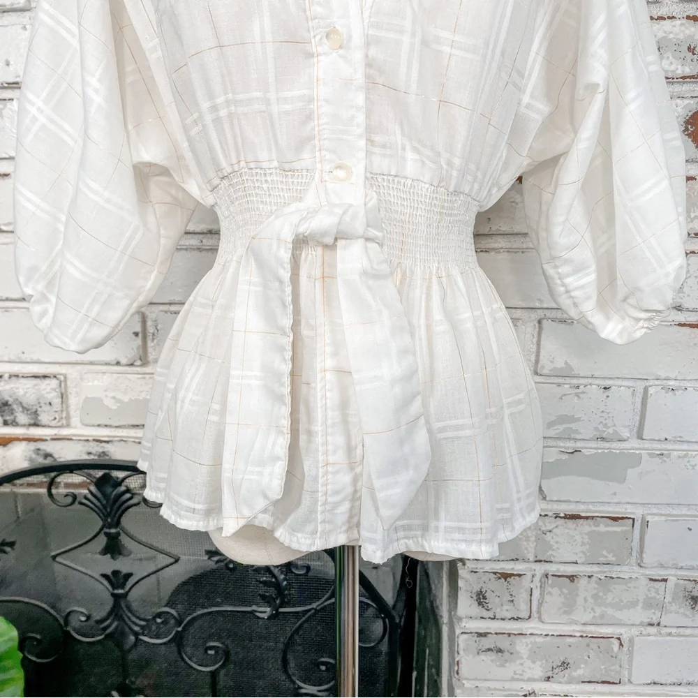 Vintage 60s 70s PepperHill White and Gold Plaid Puff Sleeve Tie Waist Button Top - Picture 3 of 9